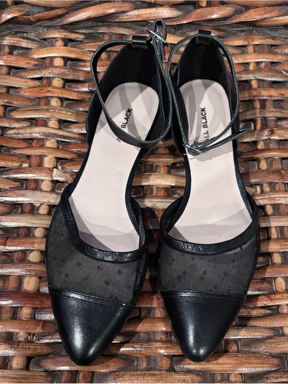 Anthropology-All Black Pointed Black Ankle-Strap Flats with Sheer Dotted Panels